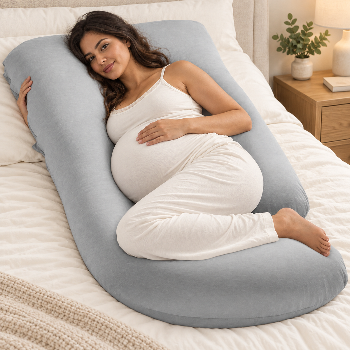 Pregnant Latina woman resting with a gray G-shaped full-body pregnancy pillow