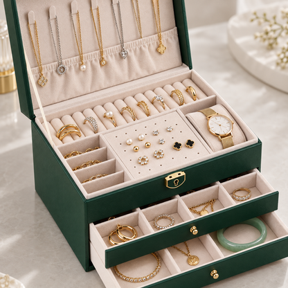 Large Green Jewelry Organizer with Drawers & Lock