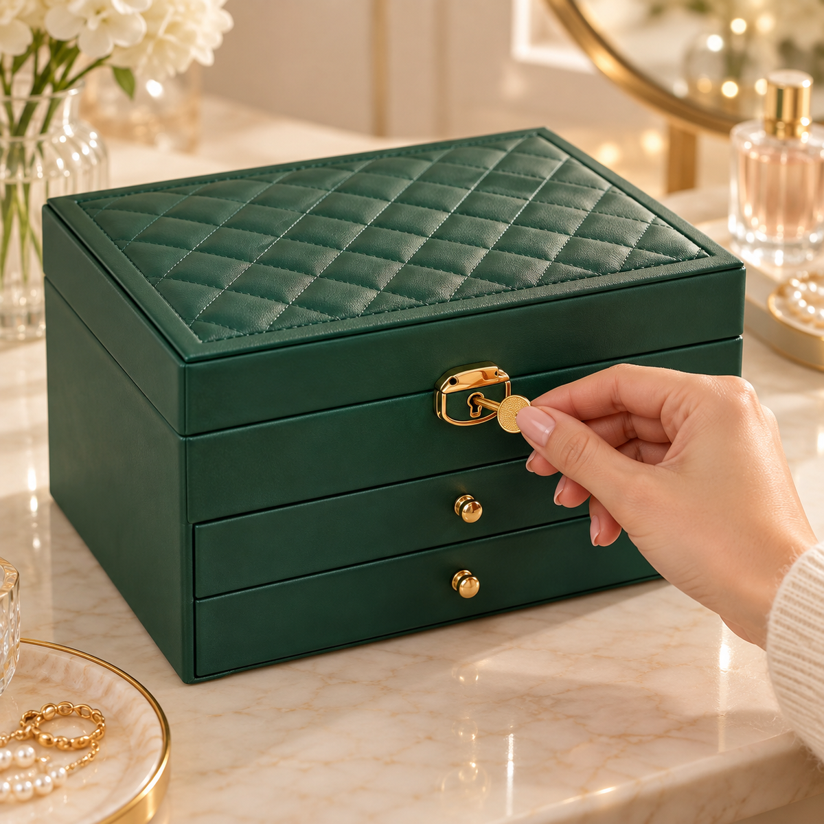 Large Green Jewelry Organizer with Drawers & Lock
