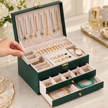Large Green Jewelry Organizer with Drawers & Lock