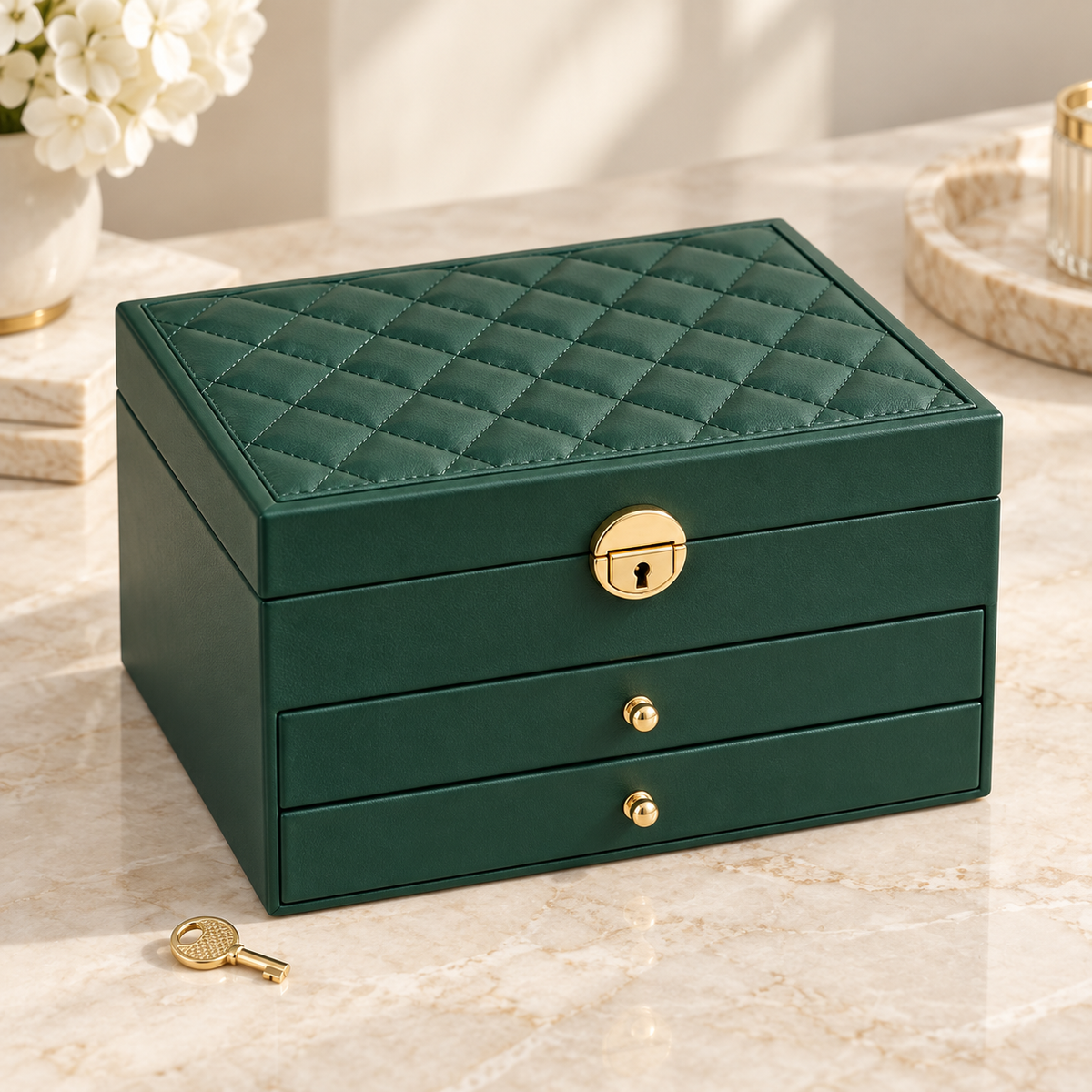 Large Green Jewelry Organizer with Drawers & Lock