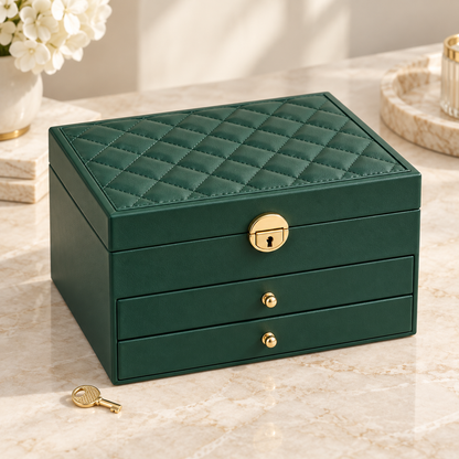 Large Green Jewelry Organizer with Drawers & Lock