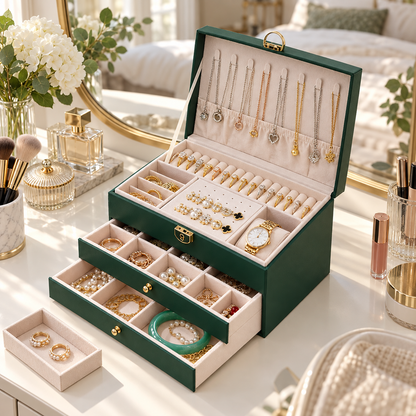 Large Green Jewelry Organizer with Drawers & Lock