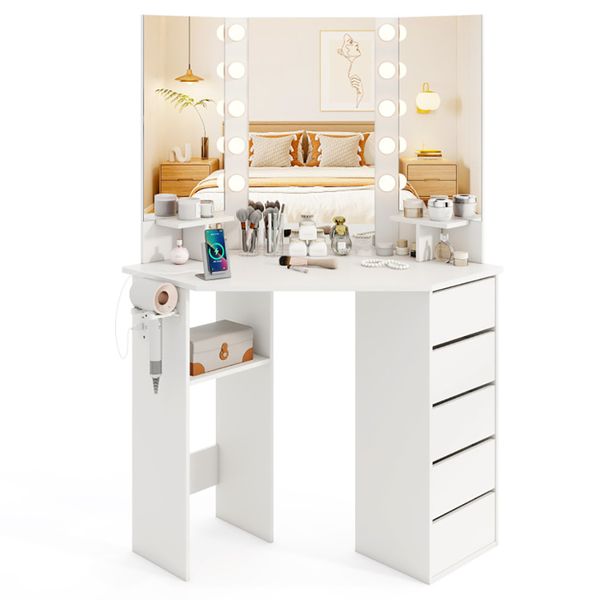Corner Makeup Vanity with Three Mirrors LED and Power Outlet view 4
