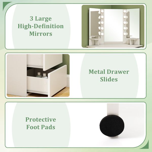 Corner Makeup Vanity with Three Mirrors LED and Power Outlet view 11