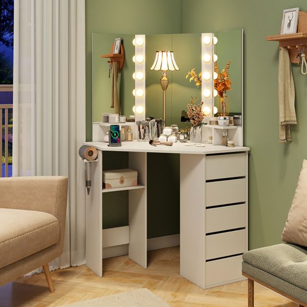 Corner Makeup Vanity with Three Mirrors LED and Power Outlet view 3