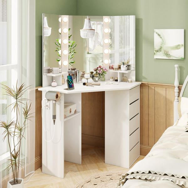 Corner Makeup Vanity with Three Mirrors LED and Power Outlet view 2