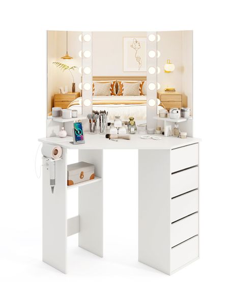 Corner Makeup Vanity with Three Mirrors LED and Power Outlet view 1