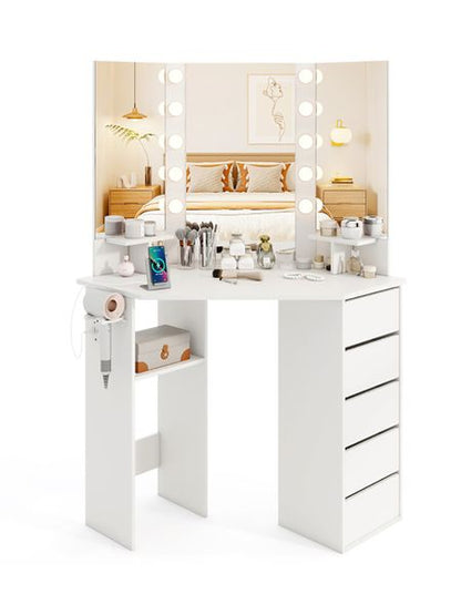 Corner Makeup Vanity with Three Mirrors LED and Power Outlet view 1