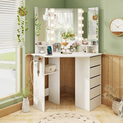 Corner Makeup Vanity with Three Mirrors LED and Power Outlet view 7