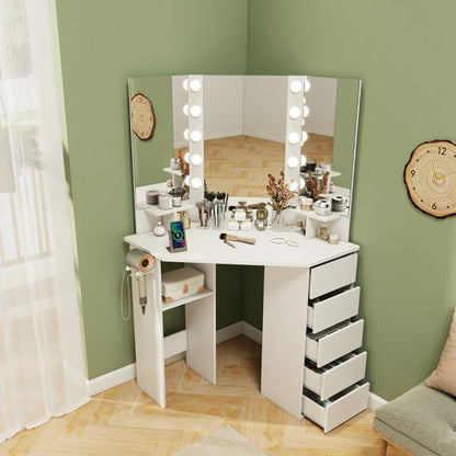 Corner Makeup Vanity with Three Mirrors LED and Power Outlet view 6