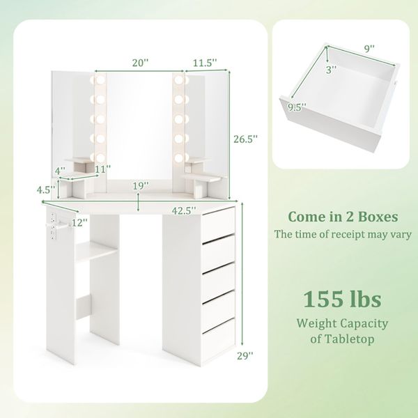 Corner Makeup Vanity with Three Mirrors LED and Power Outlet view 5