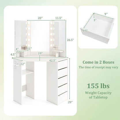 Corner Makeup Vanity with Three Mirrors LED and Power Outlet view 5