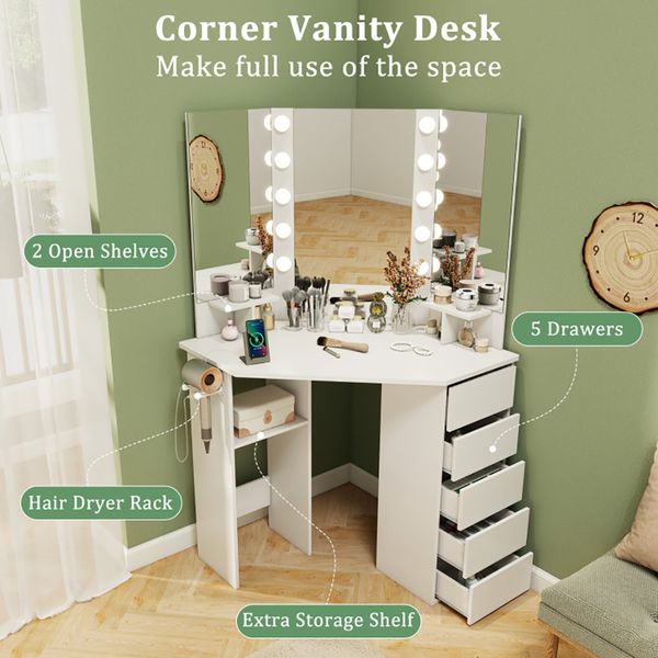 Corner Makeup Vanity with Three Mirrors LED and Power Outlet view 10