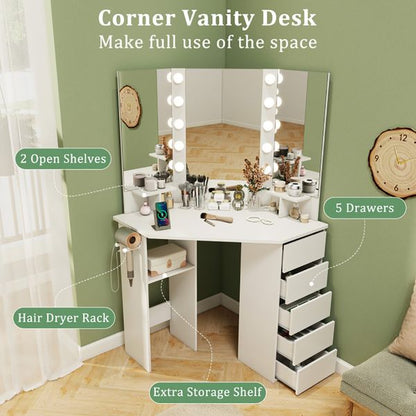 Corner Makeup Vanity with Three Mirrors LED and Power Outlet view 10