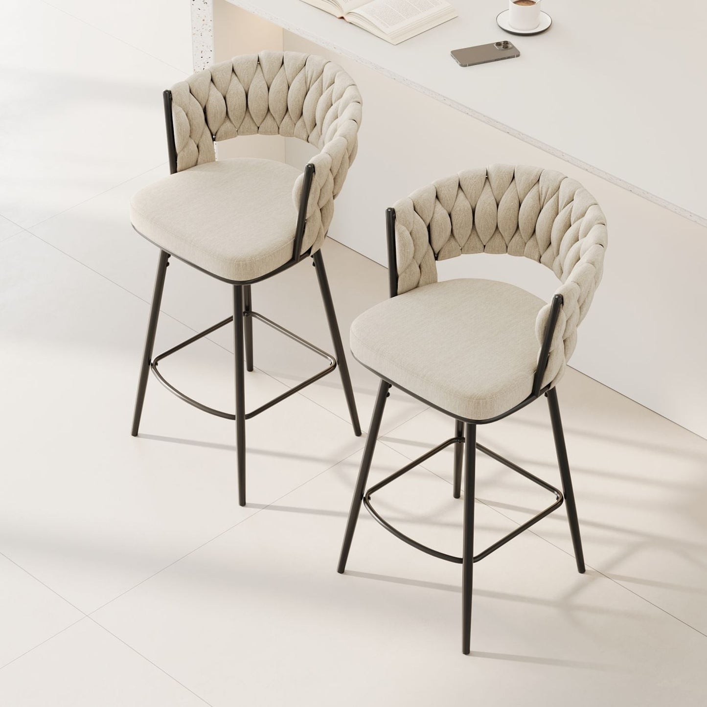 360° Swivel Bar Chairs, Cushioned, Metal Legs, 2pcs (view 4)