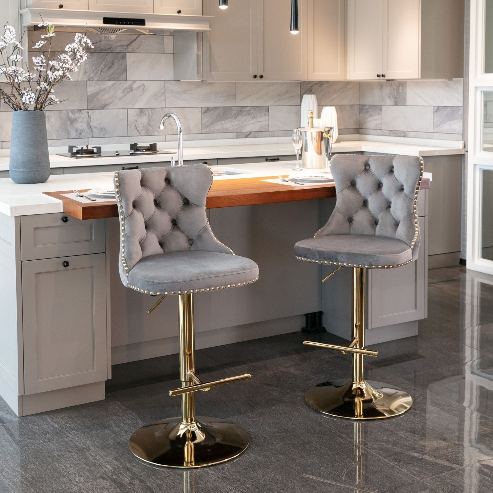 Gold Velvet Swivel Bar Stools, Tufted, Adjustable (view 36)