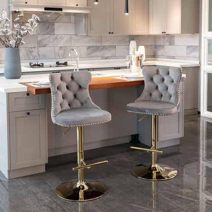 Gold Velvet Swivel Bar Stools, Tufted, Adjustable (view 36)