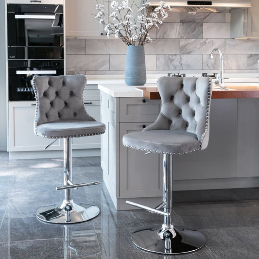 Velvet Swivel Bar Stools, Chrome, Set of 2