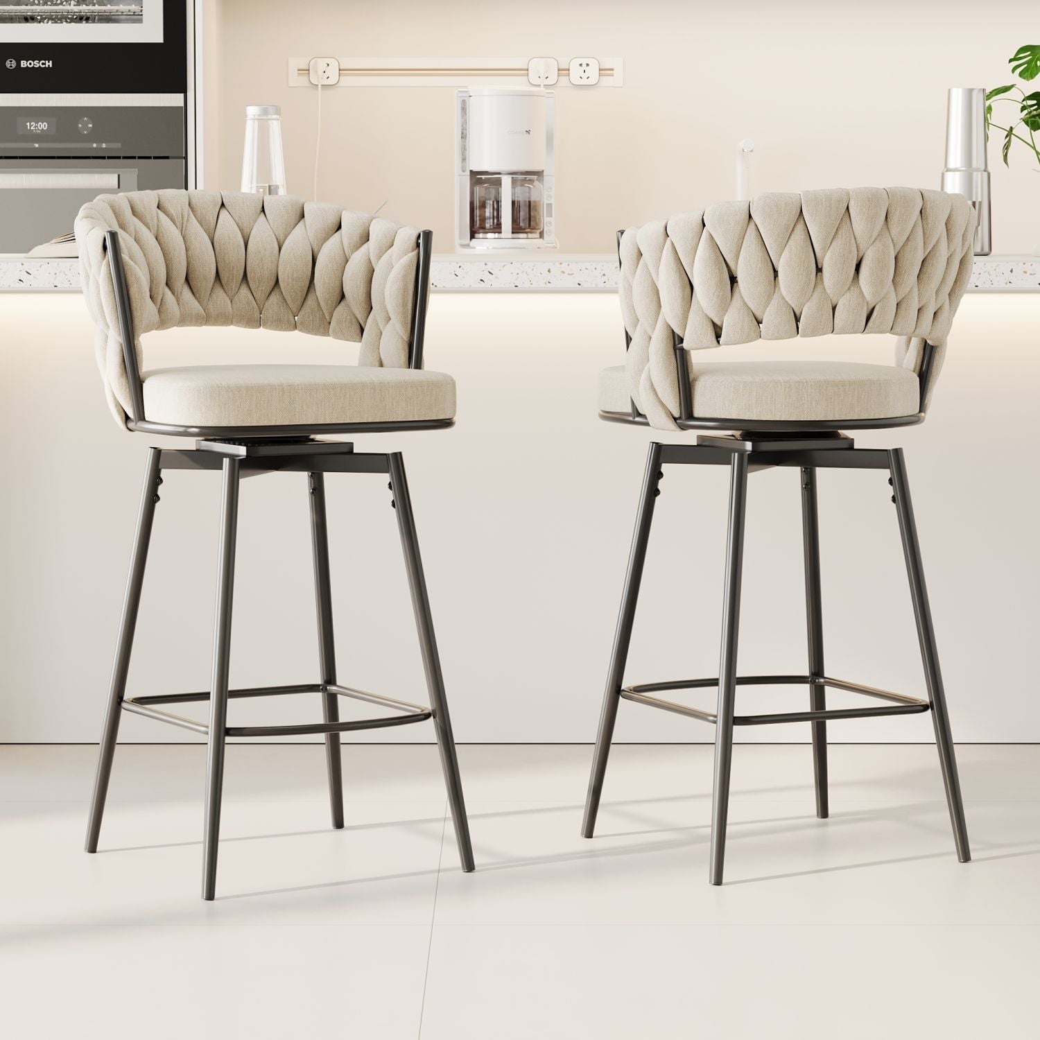 360° Swivel Bar Chairs – Cushioned, Metal Legs, 2pcs