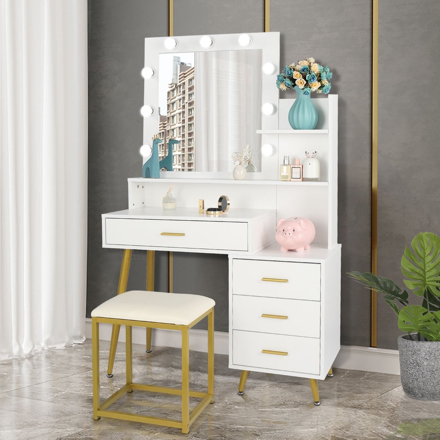 Wood & Metal Mid-Century Vanity with LED Mirror, White, 4 Drawers, 36" Wide (view 9)