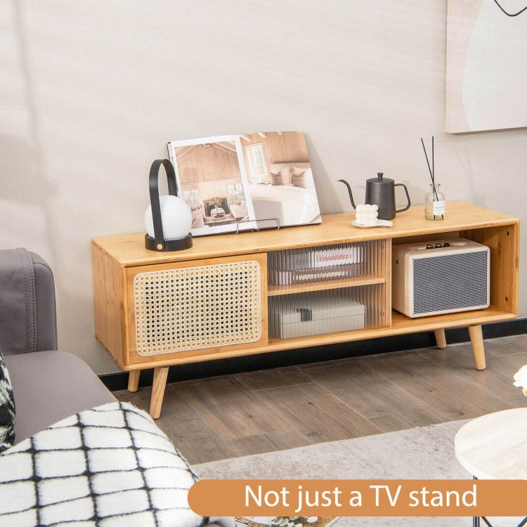 Modern TV Stand with Rattan Glass Sliding Doors (view 11)