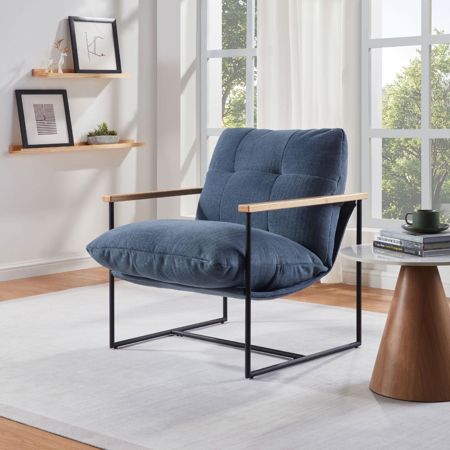 Upholstered Mid-Century Accent Chair, Blue, 33" Tall