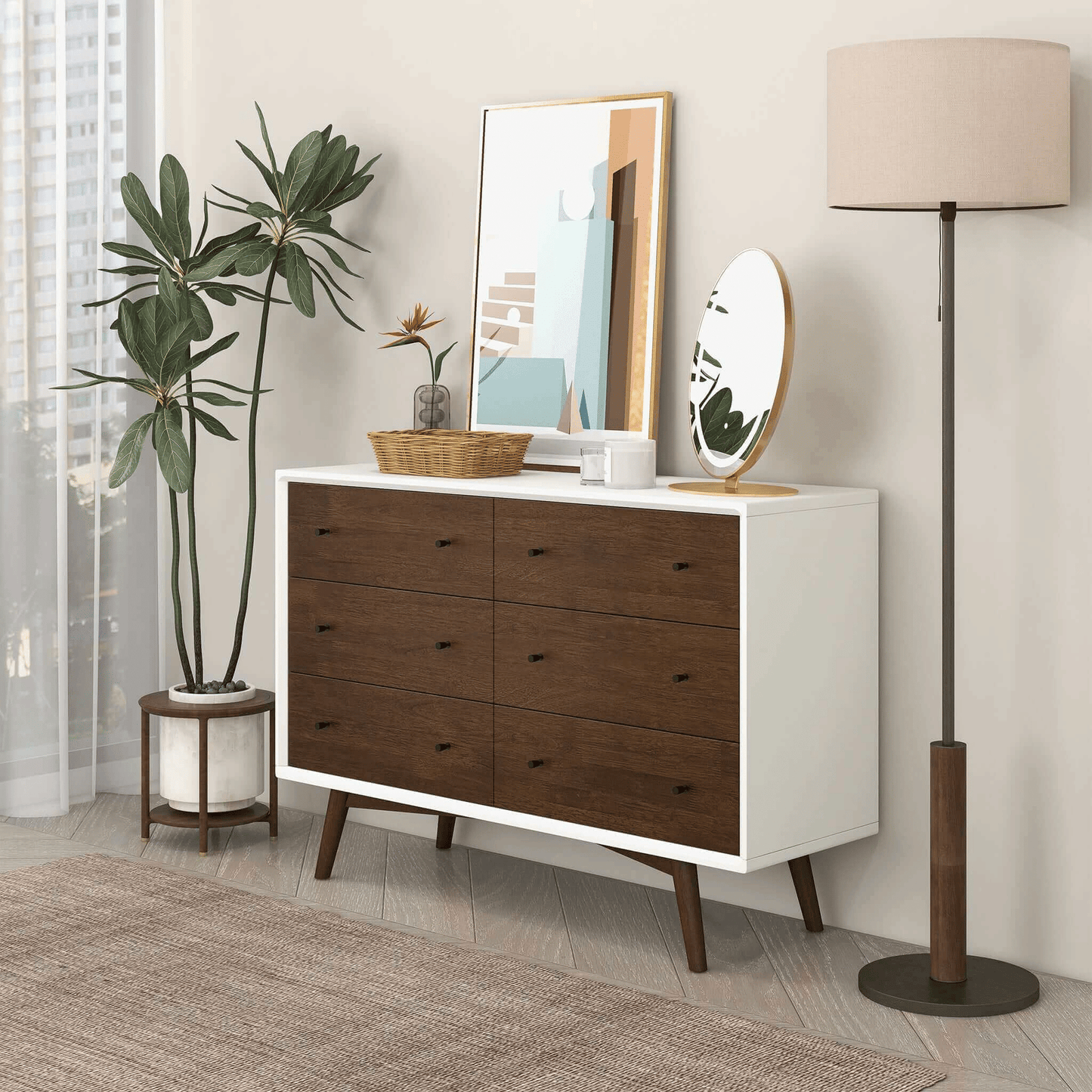 White Mid-Century Dresser, 6 Drawers, Clean Finish (view 6)
