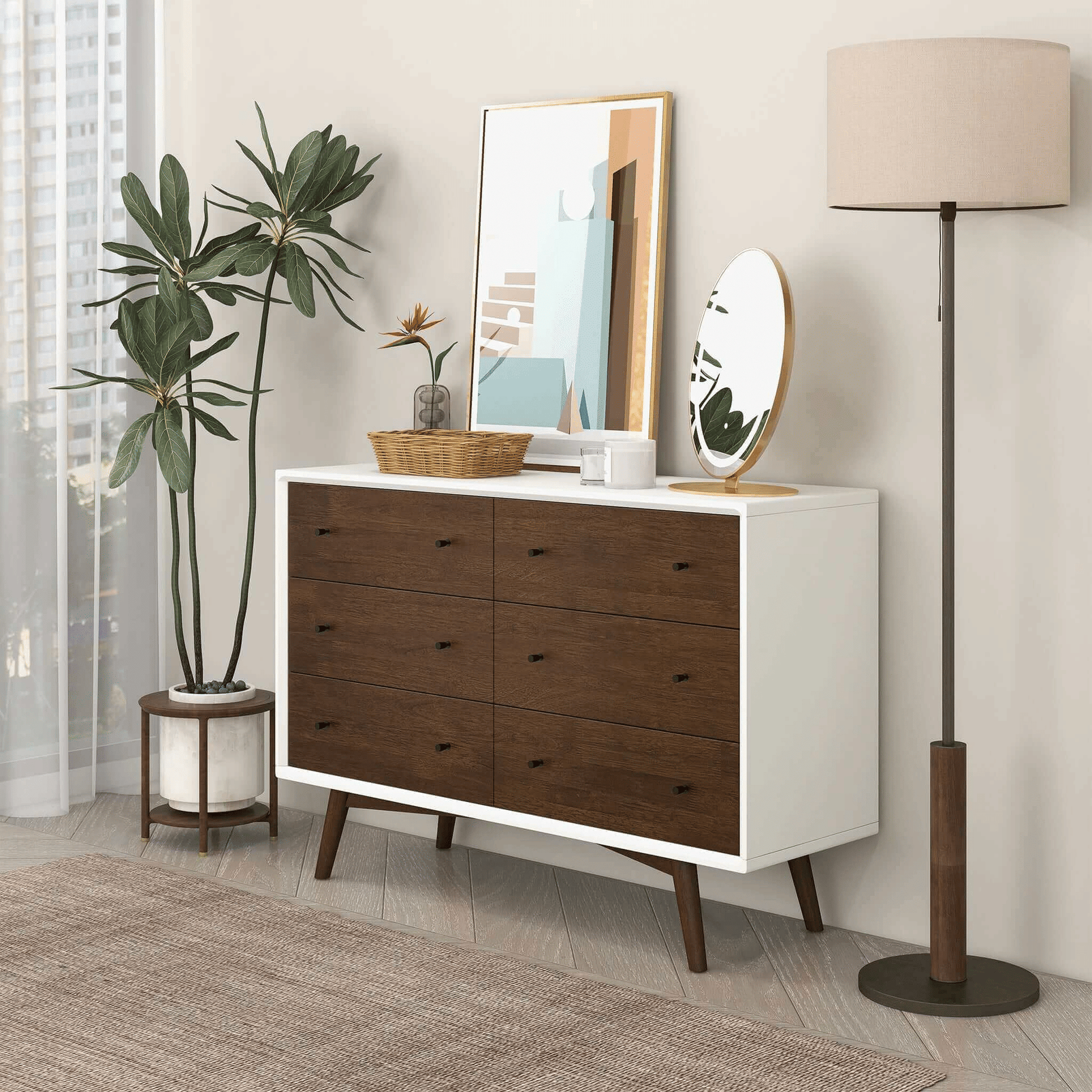 White Mid-Century Dresser, 6 Drawers, Clean Finish (view 6)