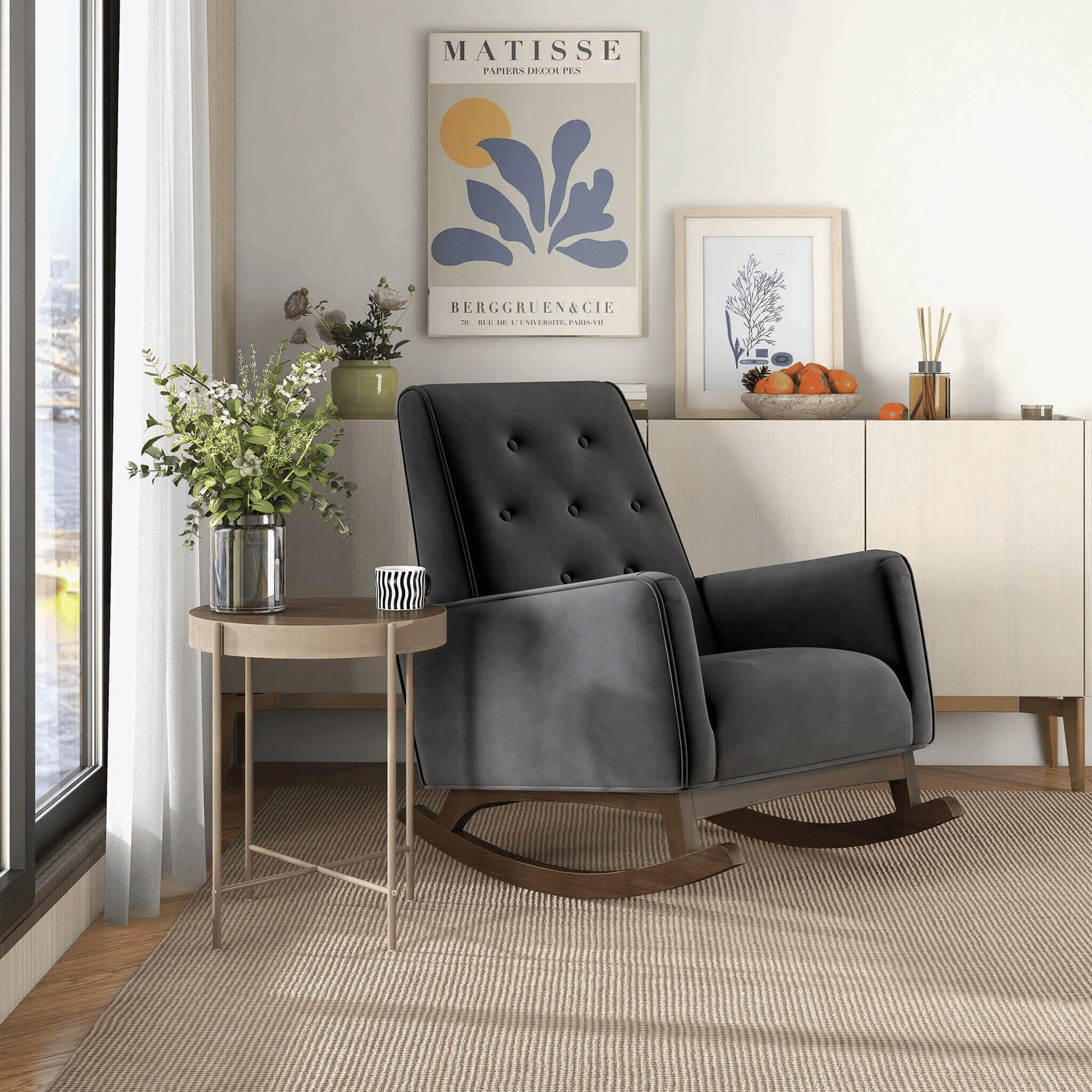 Demetrius Dark Grey Fabric Solid Wood Rocking Chair (view 4)