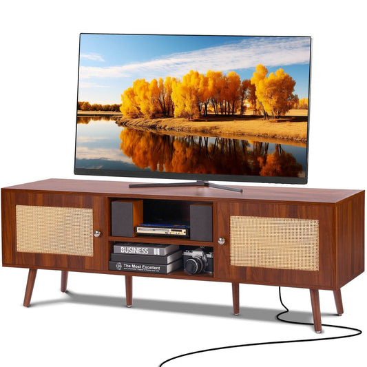 65" TV Mid-Century TV Stand, Walnut, 60" Wide