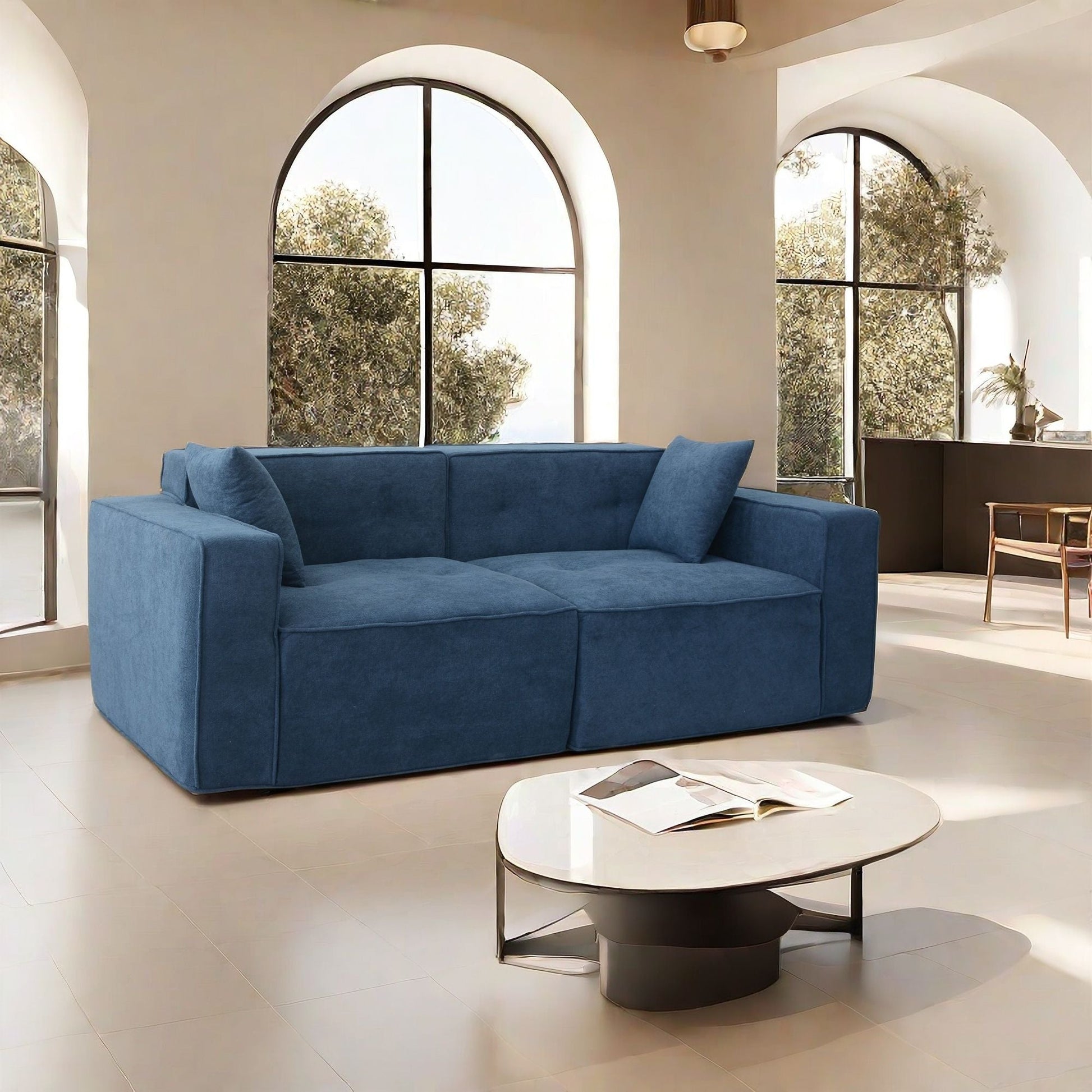 Upholstered 3-Seat Mid-Century Sofa, Dark Blue