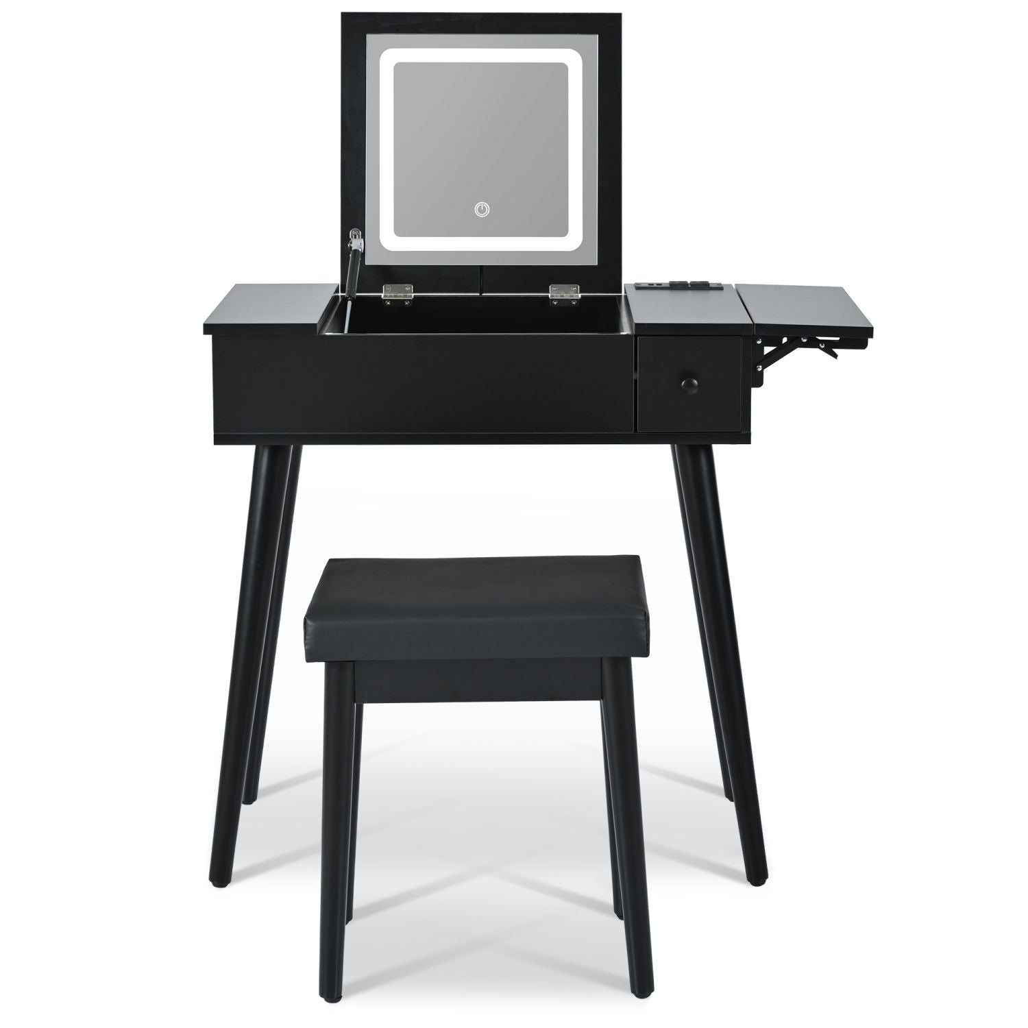 Mid-Century Vanity with LED Mirror, Black, 2 Drawers, Flip-Top (view 11)
