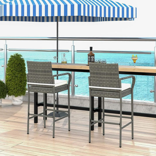 Patio Wicker Barstools with Armrests and Soft Cushions for Porch Backyard Set of 2