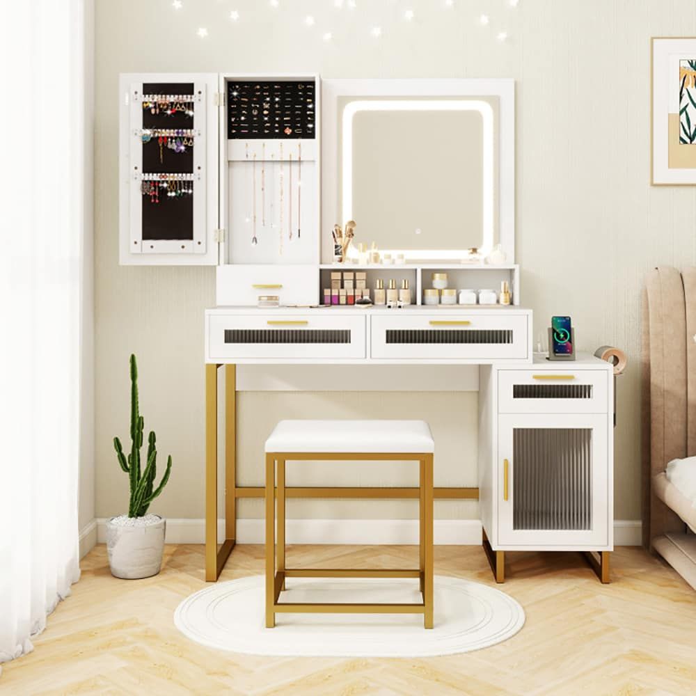 Mid-Century Vanity with LED Mirror, White, 57" Tall — main product image