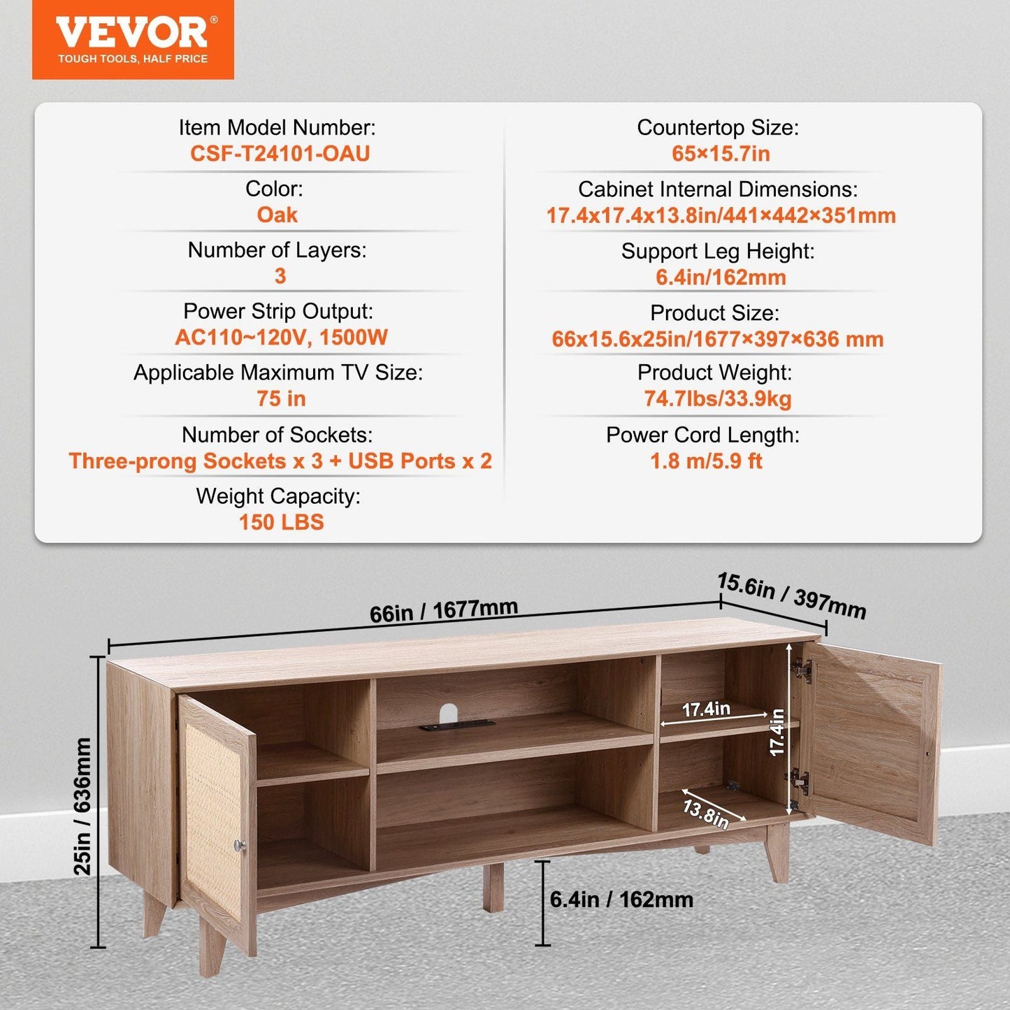 75" TV Mid-Century TV Stand, Oak, 60" Wide (view 7)