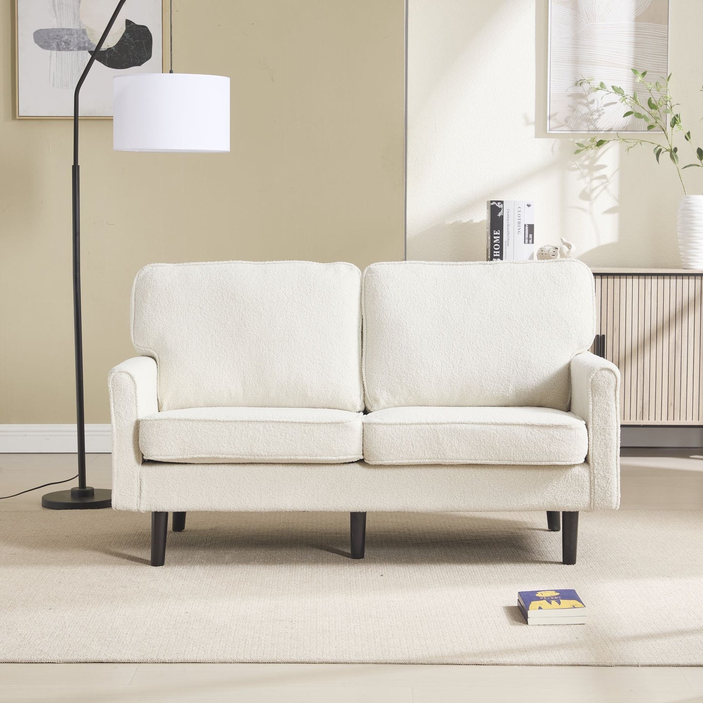Solid Wood 3-Seat Mid-Century Sofa, Beige, Compact (view 2)