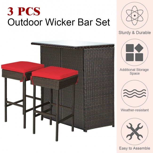 3 Pieces Patio Rattan Wicker Bar Table Stools Dining Set (view 17)