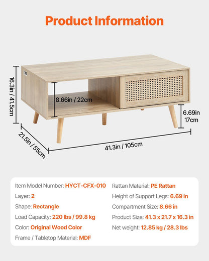 Rattan Mid-Century Coffee Table, Burlywood, with Storage (view 7)