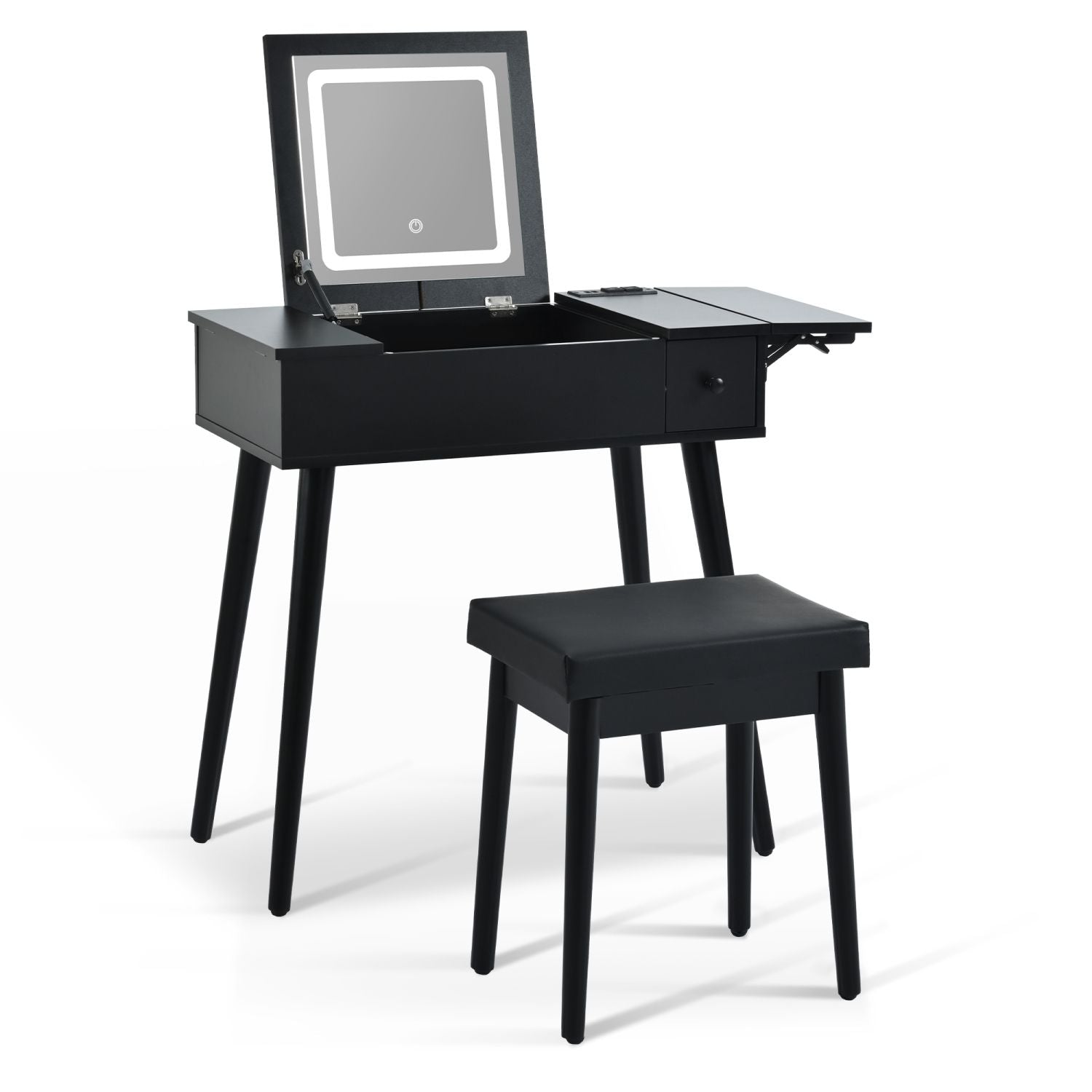 Mid-Century Vanity with LED Mirror, Black, 2 Drawers, Flip-Top (view 13)