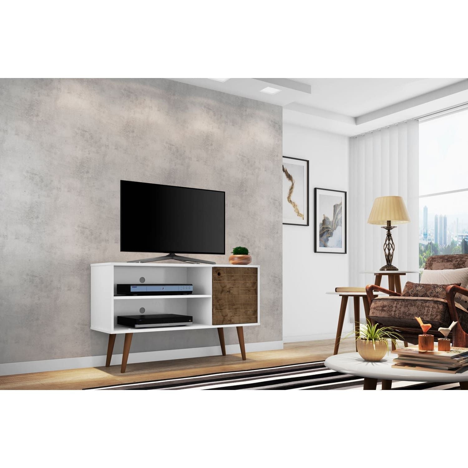 52" TV Mid-Century TV Stand, White