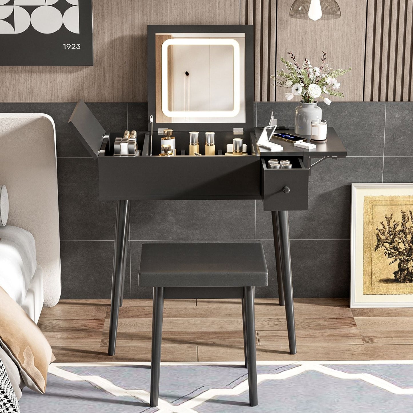 Mid-Century Vanity with LED Mirror, Black, 2 Drawers, Flip-Top (view 2)