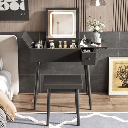 Mid-Century Vanity with LED Mirror, Black, 2 Drawers, Flip-Top (view 2)