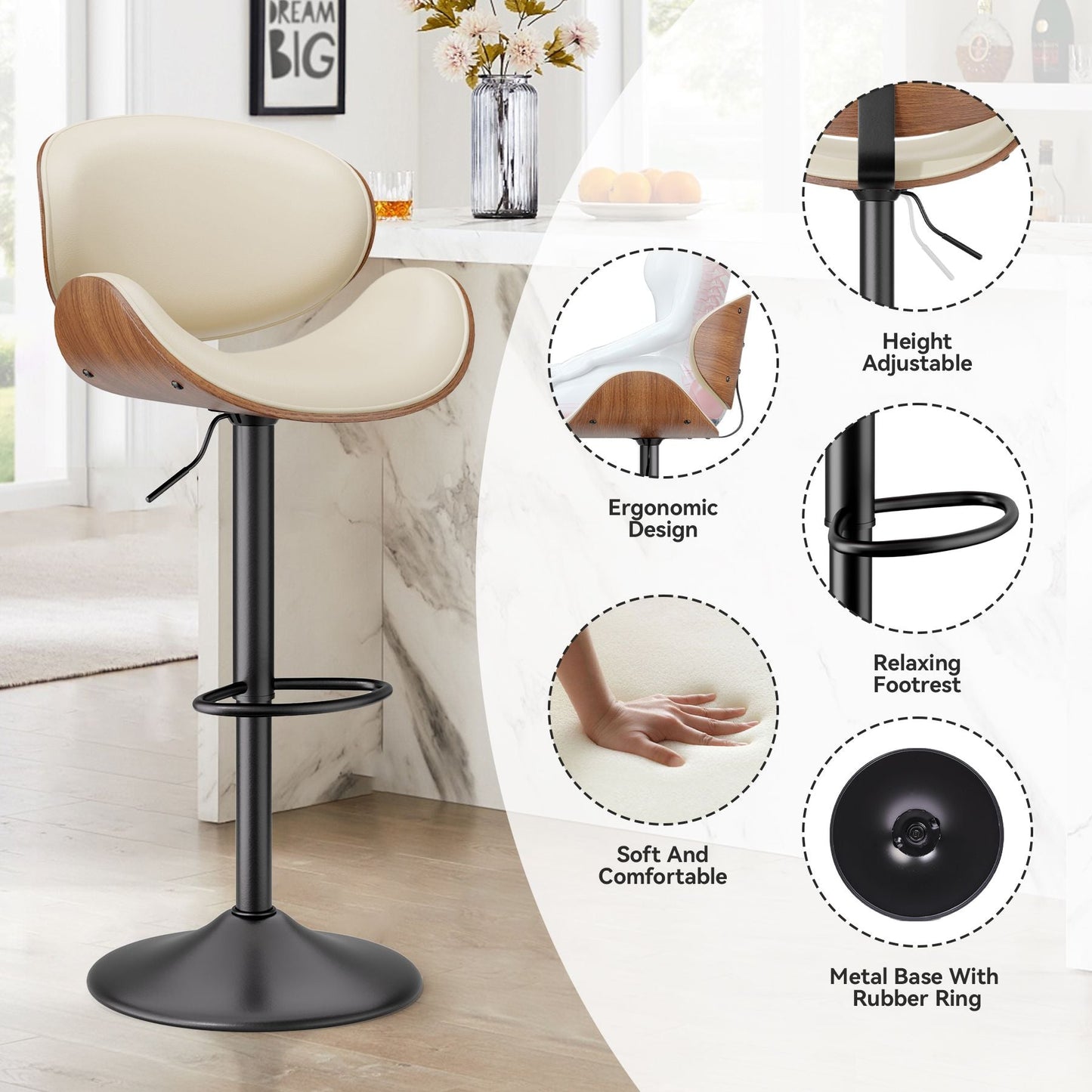 PU Leather Swivel Bar Stools, Set of 1, Black (view 86)