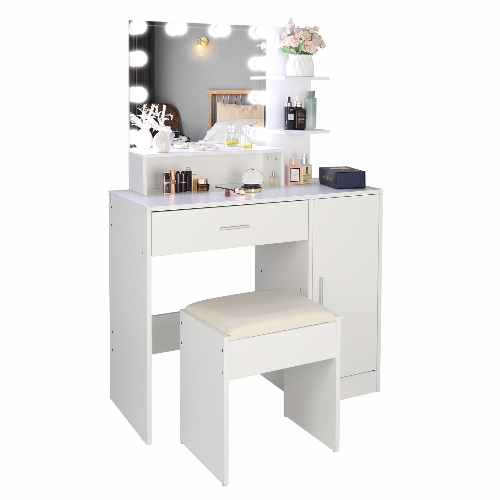 Wood & Metal Mid-Century Vanity with LED Mirror, White, 1 Drawer, with Storage (view 7)