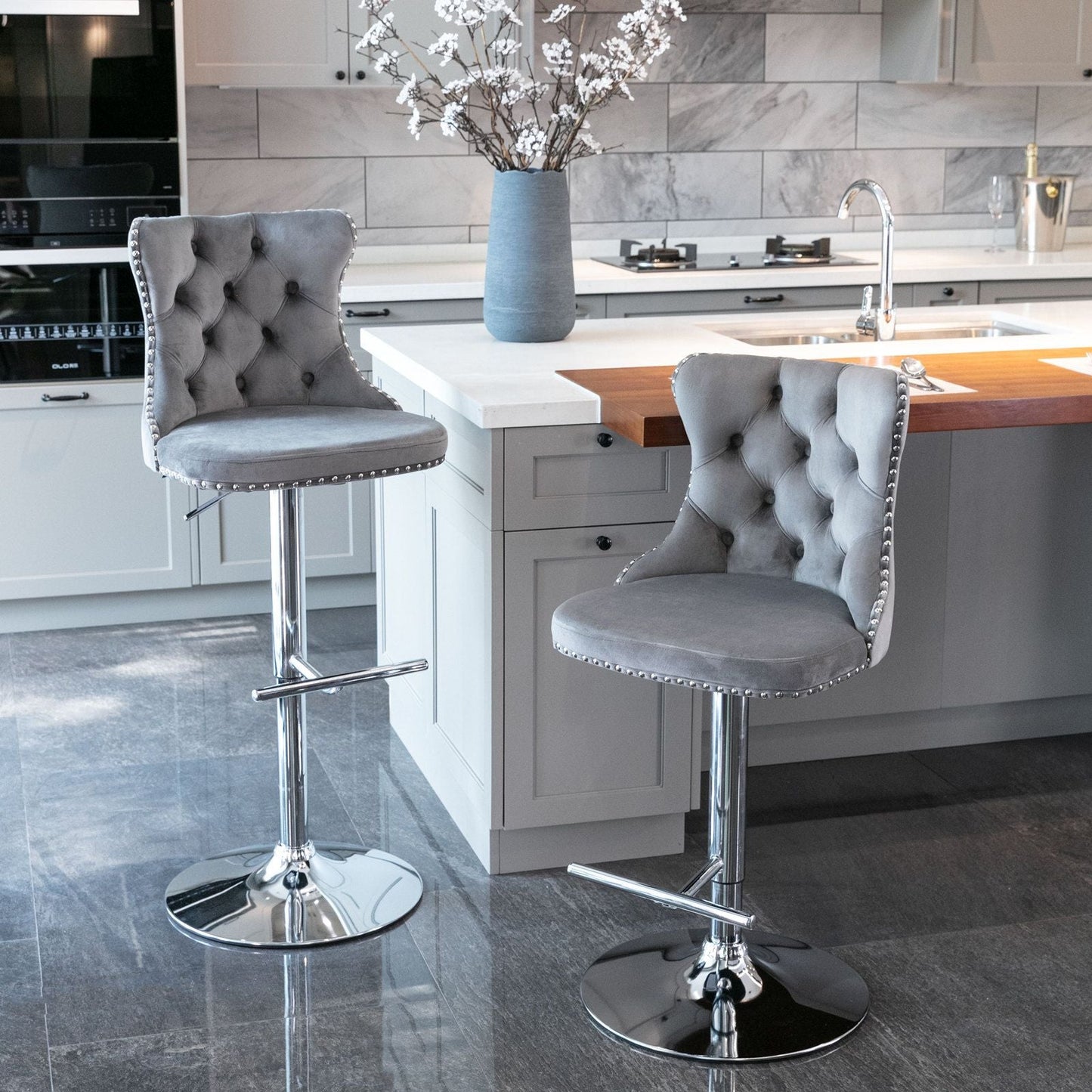 Velvet Swivel Bar Stools, Chrome, Set of 2 (view 11)