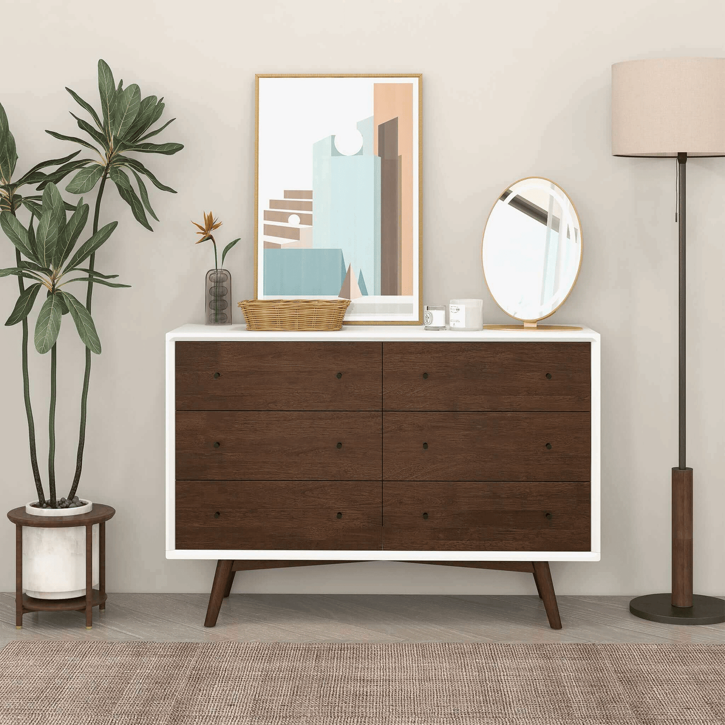 White Mid-Century Dresser, 6 Drawers, Clean Finish (view 5)