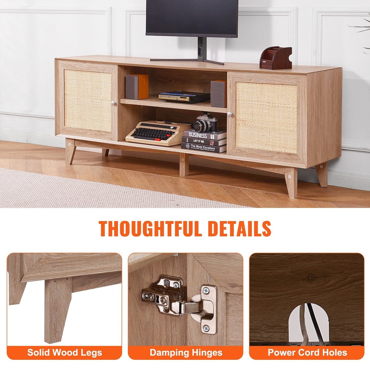 75" TV Mid-Century TV Stand, Oak, 60" Wide (view 6)