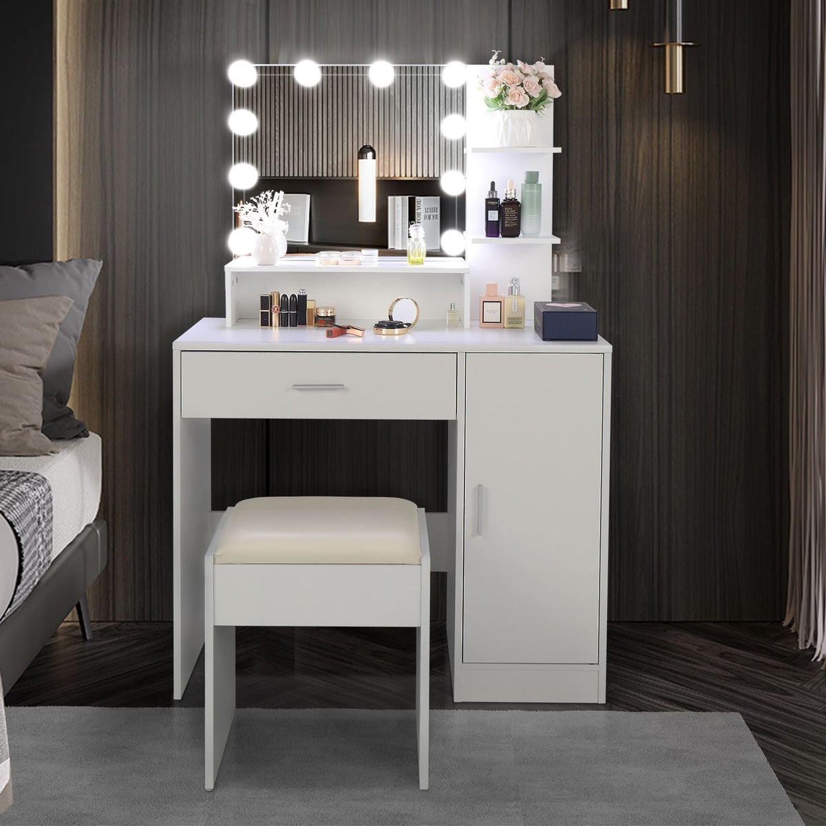 Wood & Metal Mid-Century Vanity with LED Mirror, White, 1 Drawer, 36" Wide — main product image