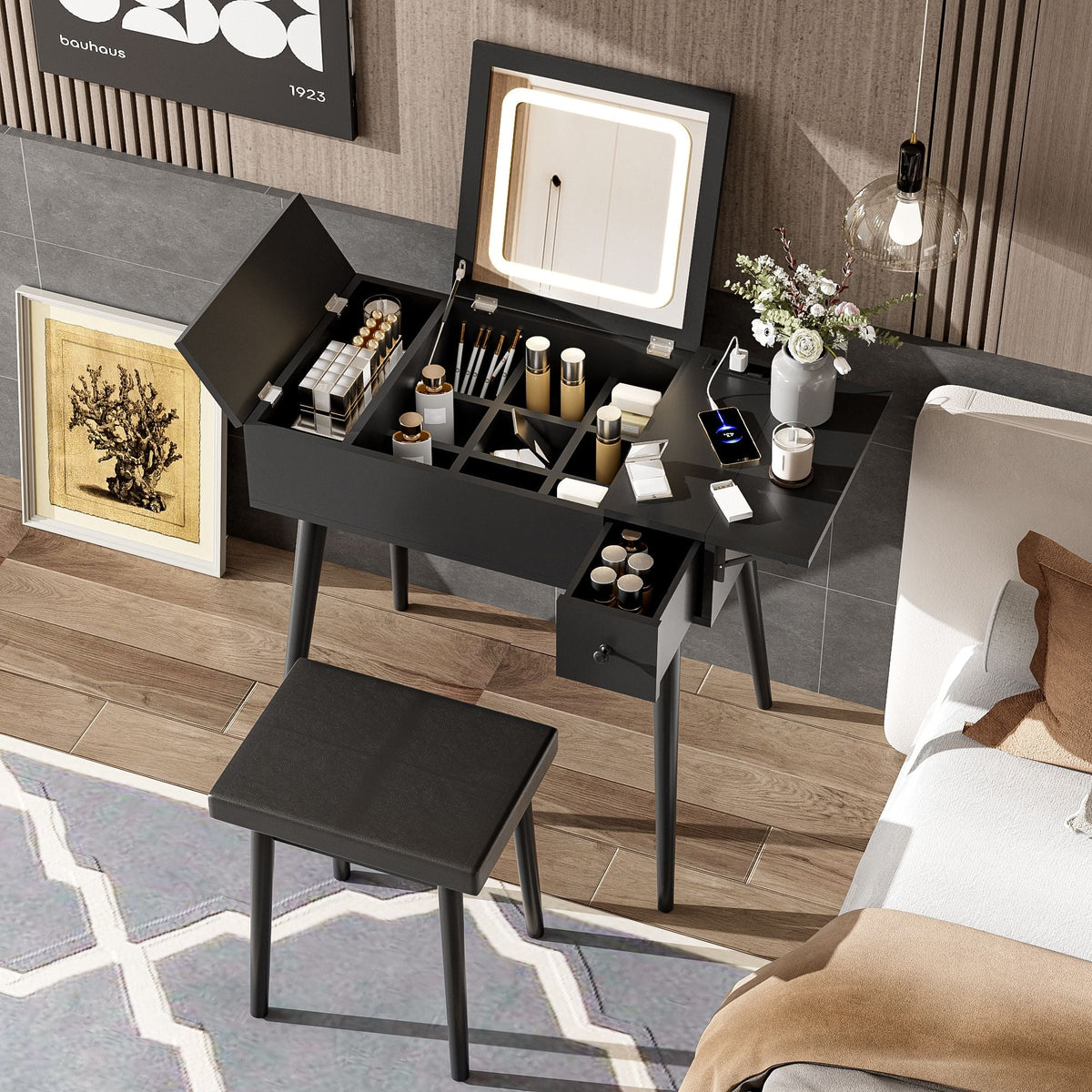Mid-Century Vanity with LED Mirror, Black, 2 Drawers, 36" Wide — main product image